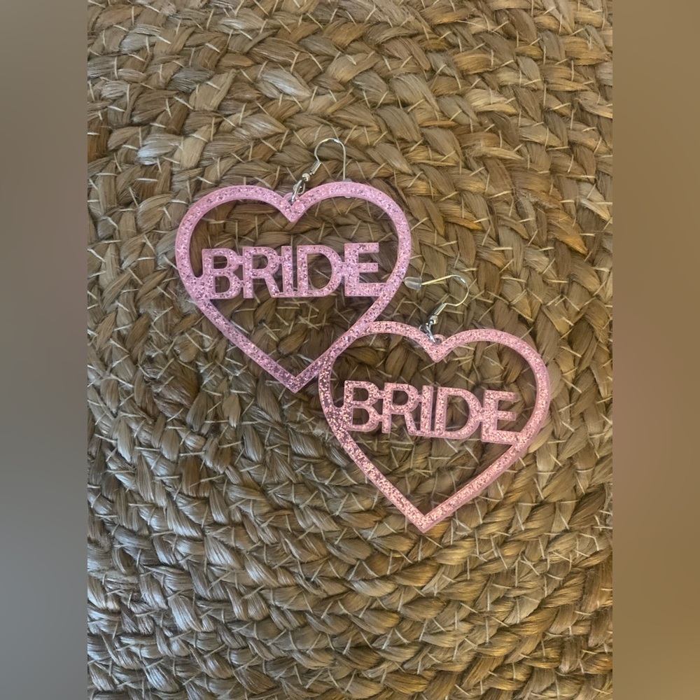 Bride Pink Glitter Heart Dangle Earrings Bridal Shower Bachelorette Party Fun